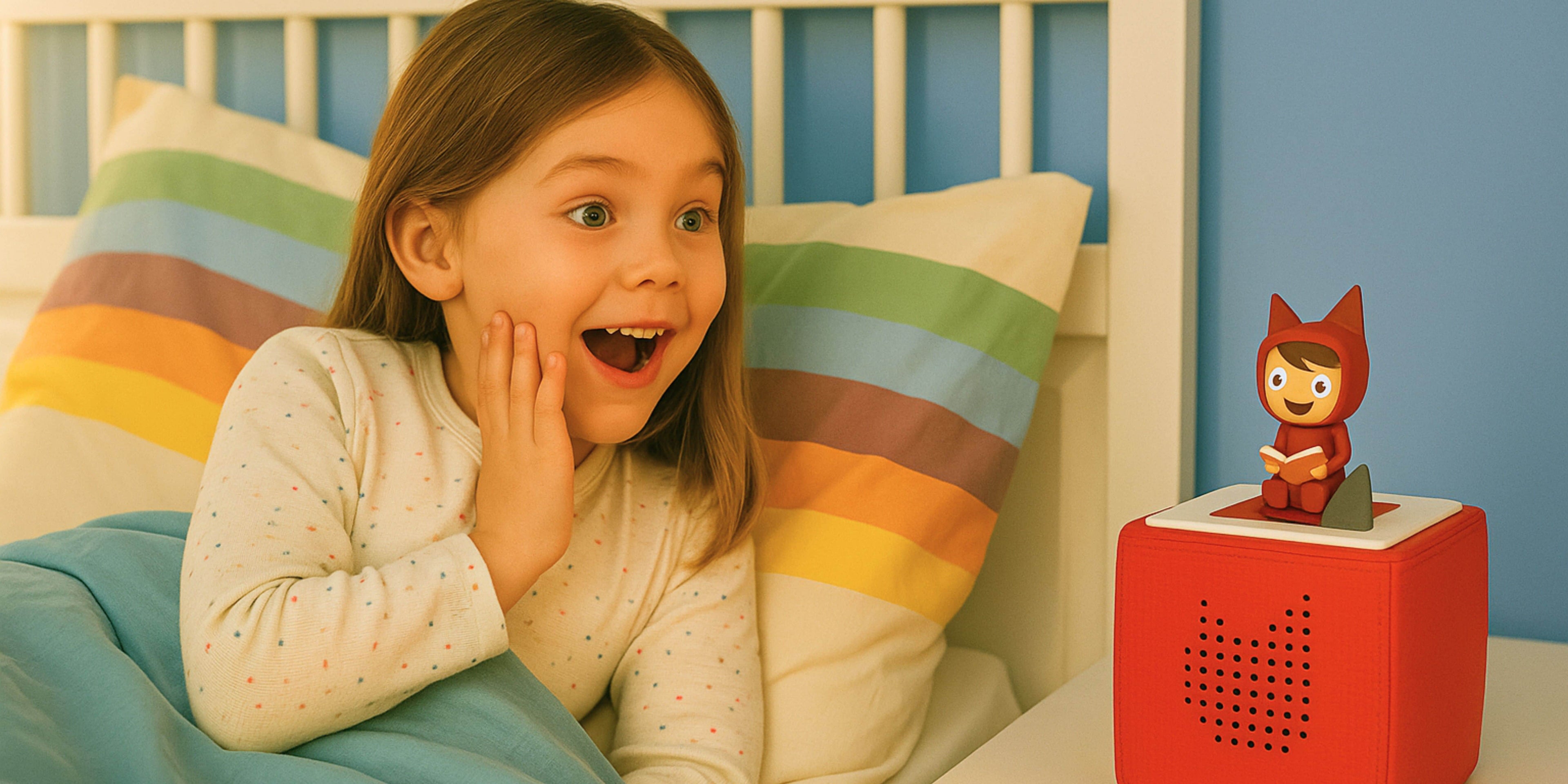 Story Sprouts Banner With Girl Listening To AStory Sprouts Audio Story on a Toniebox
