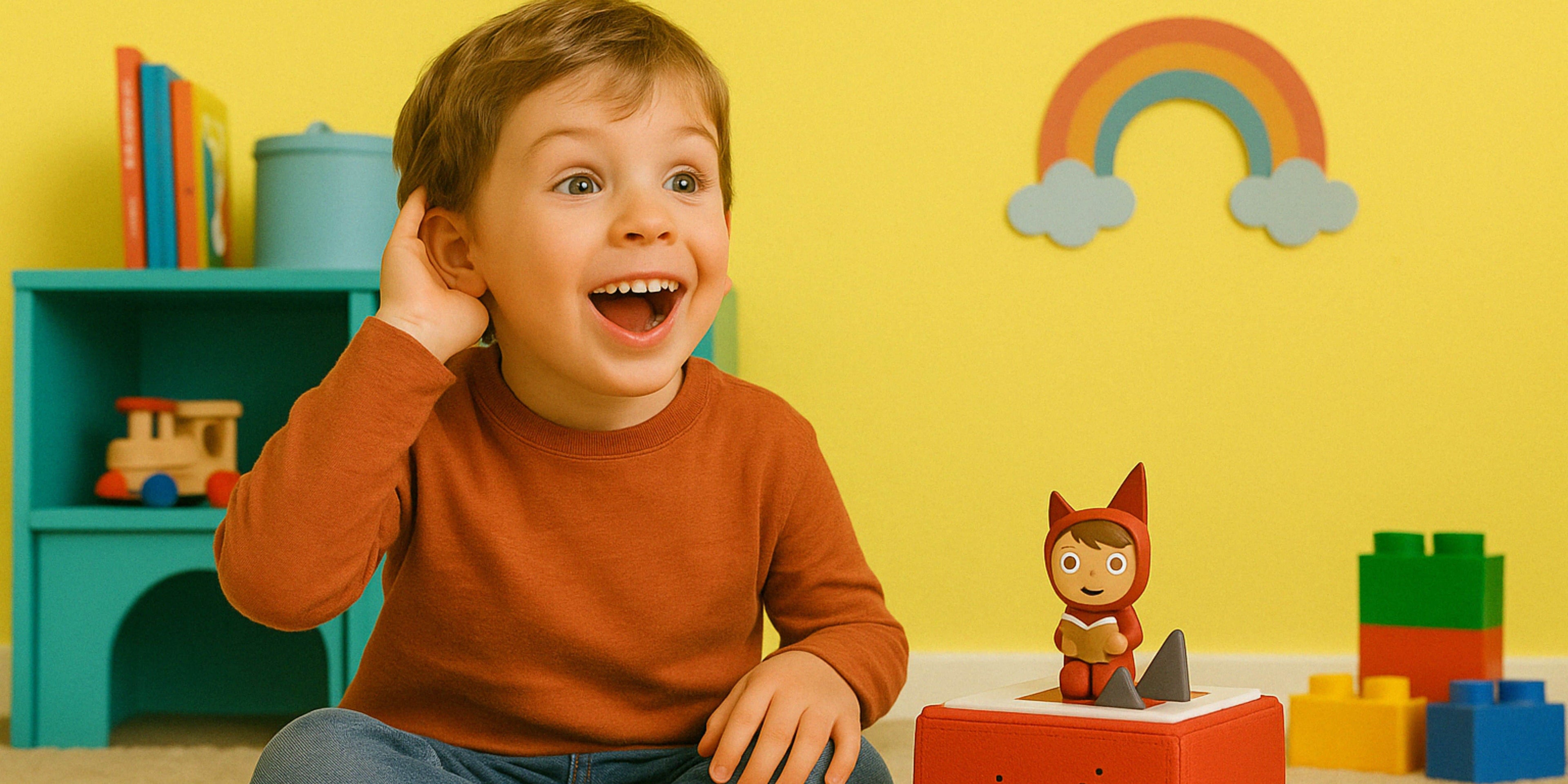 Little boy smiling with excitement  listening to a Story Sprout story on his Toniebox.